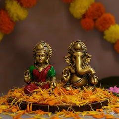 Laxmi Ganesh Set Idol Brass look Resin Gold Finished Lakshmi Ganesha Idols for Diwali Gifts Puja 4.3 Inch