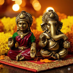 Laxmi Ganesh Set Idol Brass look Resin Gold Finished Lakshmi Ganesha Idols for Diwali Gifts Puja 4.3 Inch