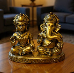 Laxmi Ganesh Set Idol Brass look Resin Gold Finished Lakshmi Ganesha Idols for Diwali Gifts Puja 4.3 Inch